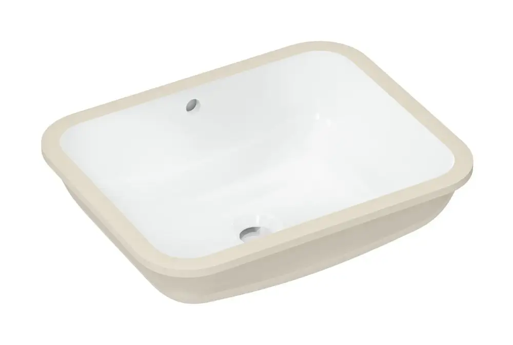 Waschbecken in rechteckiger Form, weiß, mit abgerundeten Kanten und einem Überlauf. Keine Hahnlochbohrung sichtbar. Produkt von Hansgrohe.